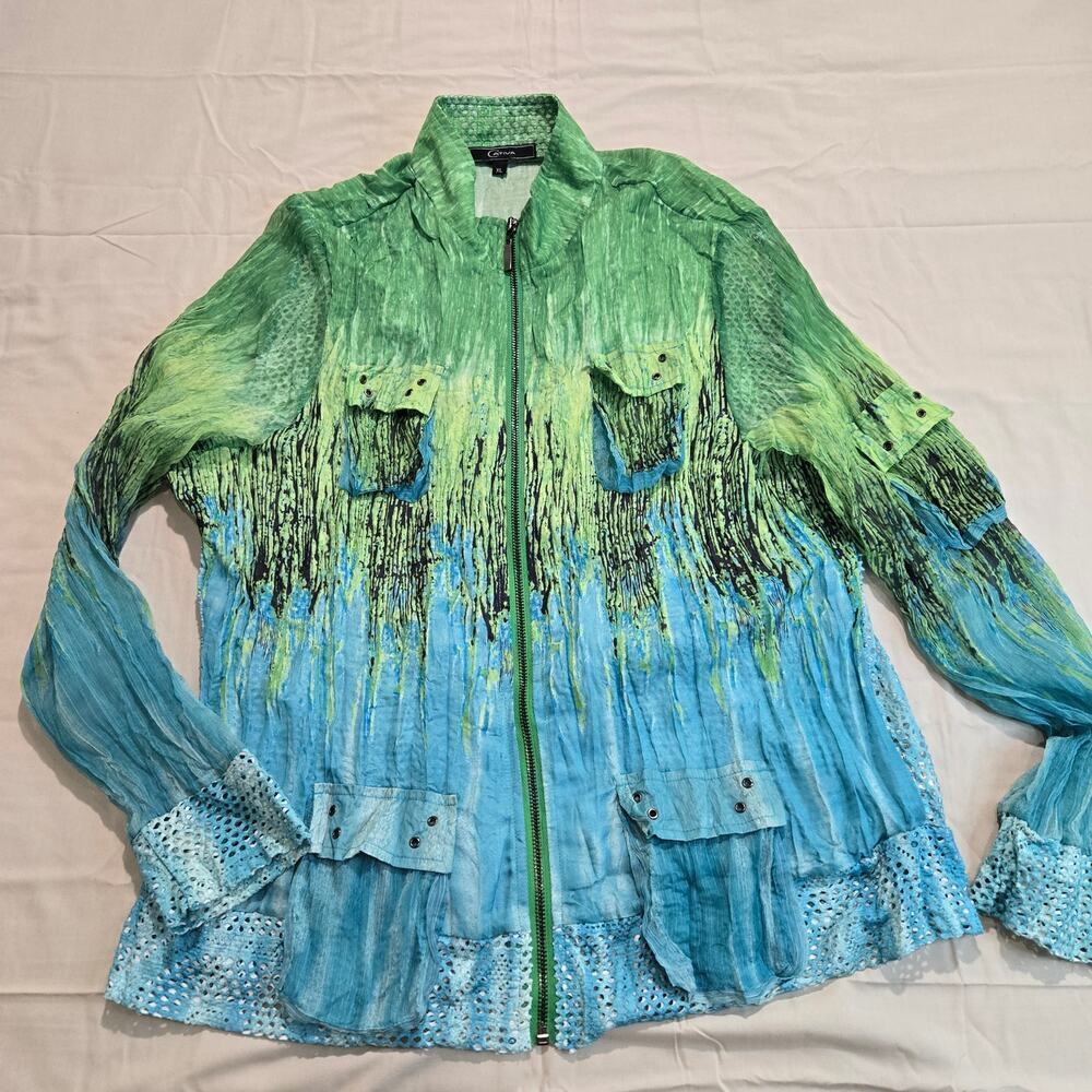 Cativa Wearable Art Shirt Jacket Blue Green Abstract Crinkle Mesh Back Sz XL
